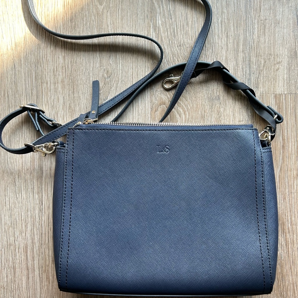 Never used! Navy blue saffiano leather Lo&Sons “Pearl” cross body bag